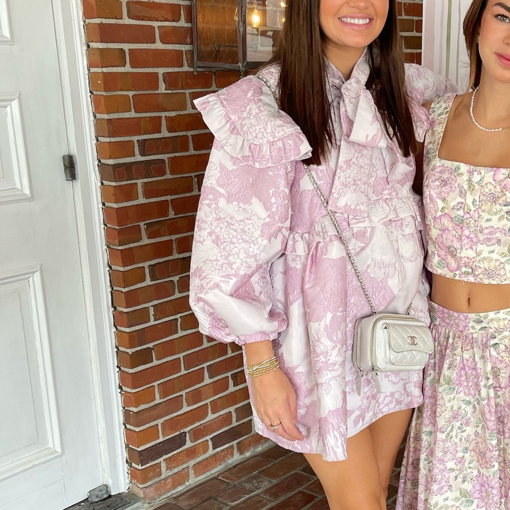 Sister Jane collared mini dress with bow in baby pink floral jacquard